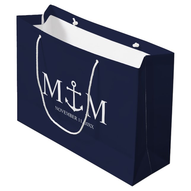 Nautical Navy Blue Anchor Wedding Large Gift Bag (Front Angled)