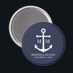 Nautical Navy Blue Anchor Wedding Magnet<br><div class="desc">Add a stylish touch to your nautical wedding with this classic navy blue anchor wedding favour. Designed with a white anchor illustration, it features personalized bride and groom monogram, name, and wedding date in a white serif font on a navy blue background. Perfect for nautical weddings, beach weddings and more....</div>