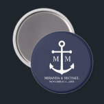 Nautical Navy Blue Anchor Wedding Magnet<br><div class="desc">Add a stylish touch to your nautical wedding with this classic navy blue anchor wedding favour. Designed with a white anchor illustration, it features personalized bride and groom monogram, name, and wedding date in a white serif font on a navy blue background. Perfect for nautical weddings, beach weddings and more....</div>