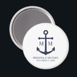 Nautical Navy Blue Anchor Wedding Magnet<br><div class="desc">Add a stylish touch to your nautical wedding with this classic navy blue anchor wedding favour. Designed with a navy blue anchor illustration, it features personalized bride and groom monogram, name, and wedding date in a navy blue serif font on a white background. Perfect for nautical weddings, beach weddings and...</div>