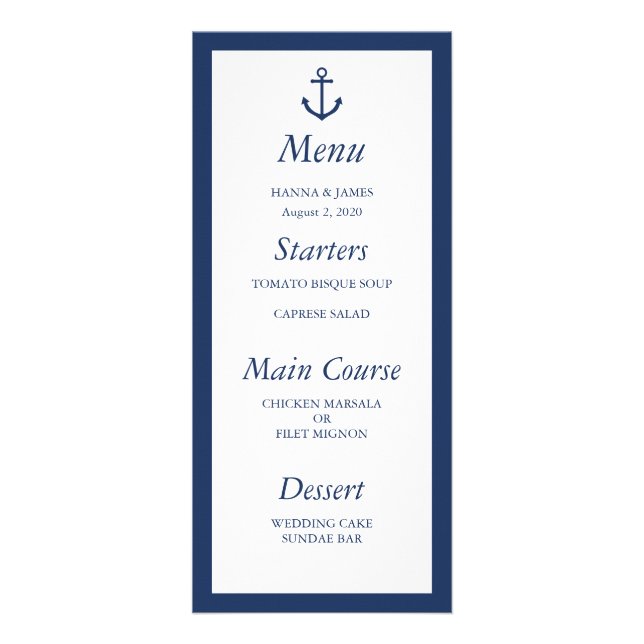 Nautical Navy Blue Anchor Wedding Menu (Front)