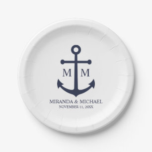 Nautical Navy Blue Anchor Wedding Paper Plate