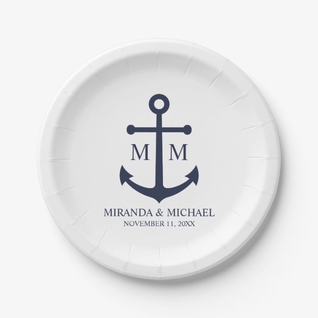 Nautical Navy Blue Anchor Wedding Paper Plate (Front)