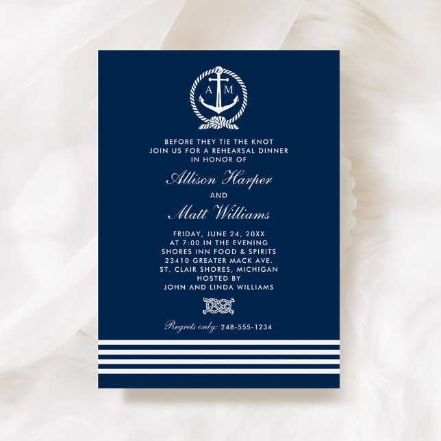 Nautical Navy Blue Anchor Wedding Rehearsal Dinner Invitation (Creator Uploaded)