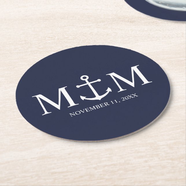 Nautical Navy Blue Anchor Wedding Round Paper Coas Coaster (Angled)