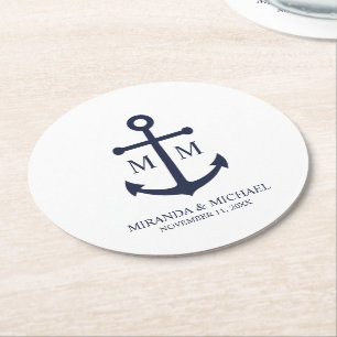 Nautical Navy Blue Anchor Wedding Round Paper Coaster