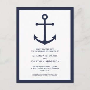 Nautical Navy Blue Anchor Wedding Save the Date Announcement Postcard