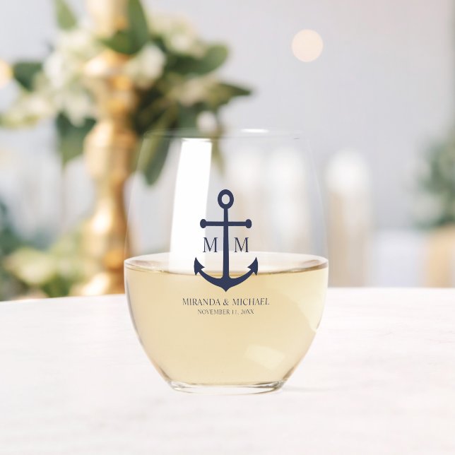 Nautical Navy Blue Anchor Wedding Stemless Wine Glass (Insitu (Wedding))