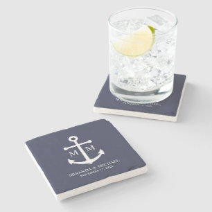 Nautical Navy Blue Anchor Wedding Stone Coaster