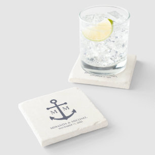 Nautical Navy Blue Anchor Wedding Stone Coaster
