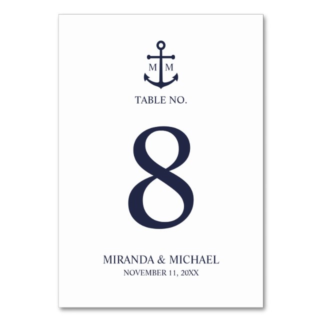 Nautical Navy Blue Anchor Wedding Table Number (Back)