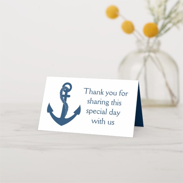 Nautical Navy Blue Anchor Wedding Thank You Place Card (Front)