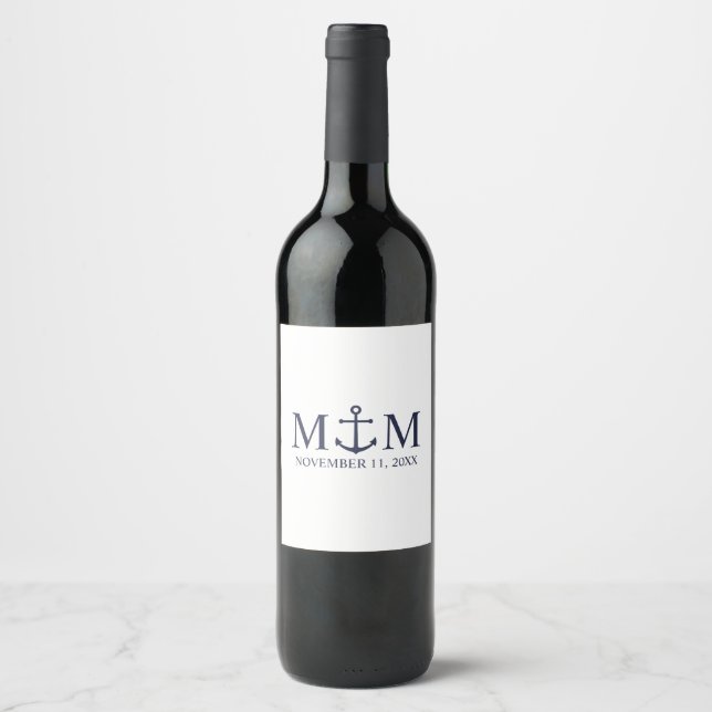 Nautical Navy Blue Anchor Wedding Wine Label (Front)