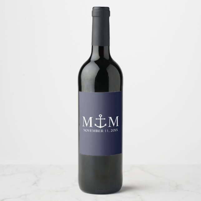Nautical Navy Blue Anchor Wedding Wine Label (Front)