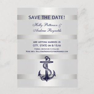 Nautical Navy Blue Anchor White BG V Save the Date Announcement Postcard