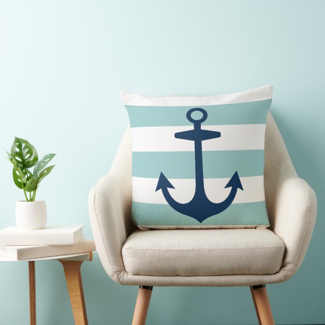 Nautical Navy Blue Anchor with Aqua Stripes Throw Pillow (Chair)