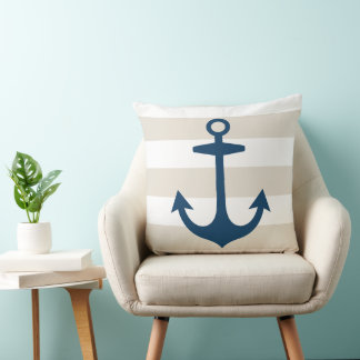 Nautical Navy Blue Anchor with Beige Stripes Throw Pillow