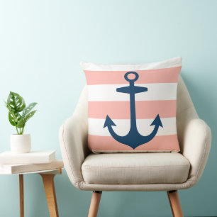 Nautical Navy Blue Anchor with Blush Pink Stripes Throw Pillow
