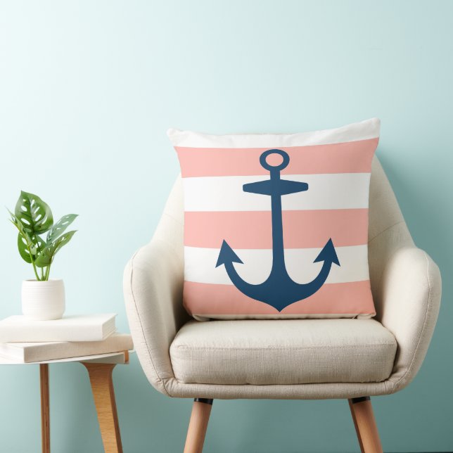 Nautical Navy Blue Anchor with Blush Pink Stripes Throw Pillow (Chair)