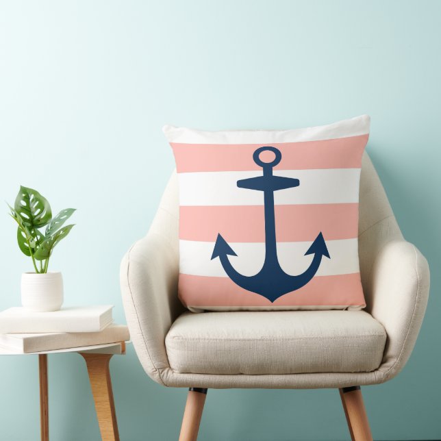 Nautical Navy Blue Anchor with Blush Stripes Throw Pillow (Chair)