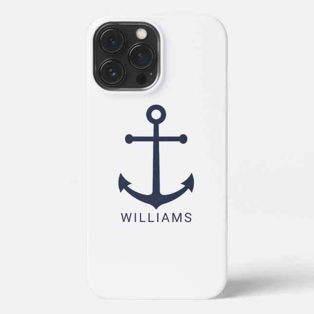 Nautical Navy Blue Anchor with Custom Name iPhone Case (Back)