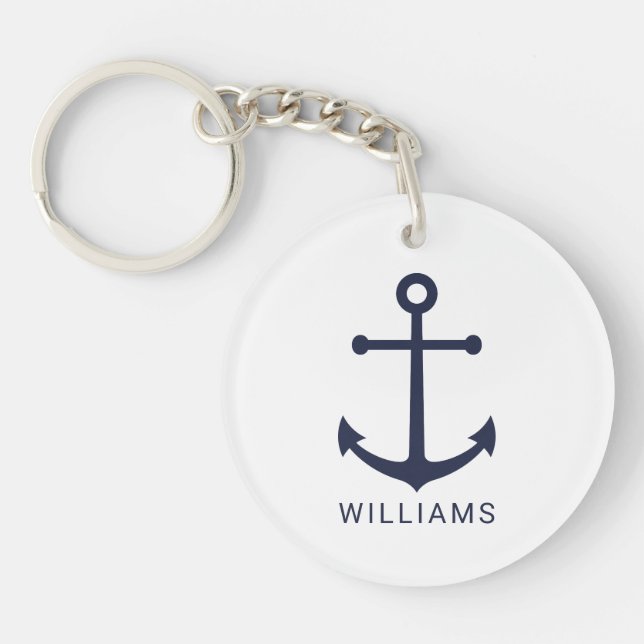 Nautical Navy Blue Anchor with Custom Name Keychain (Front)
