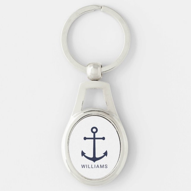 Nautical Navy Blue Anchor with Custom Name Keychain (Front)