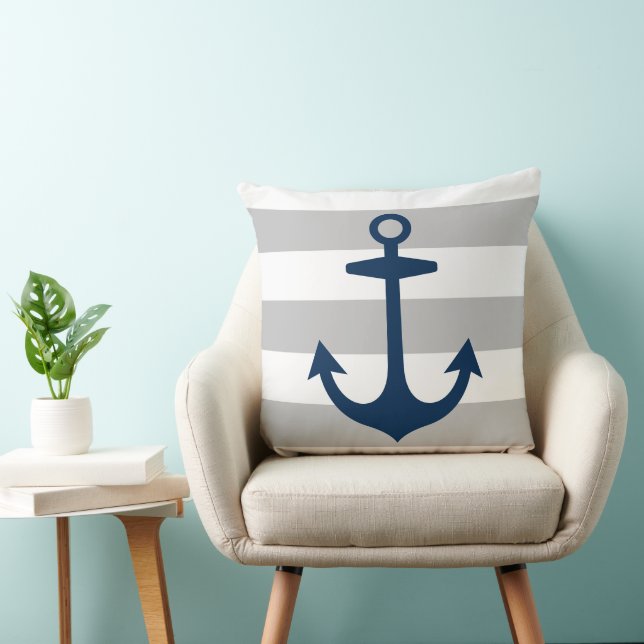 Nautical Navy Blue Anchor with Grey Stripes Throw Pillow (Chair)