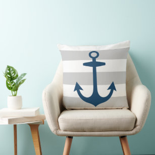 Nautical Navy Blue Anchor with Grey Stripes Throw Pillow