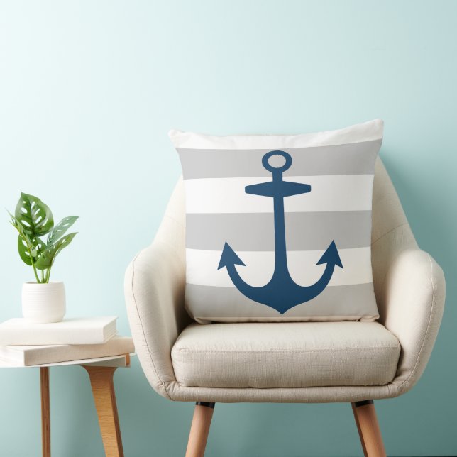 Nautical Navy Blue Anchor with Grey Stripes Throw Pillow (Chair)
