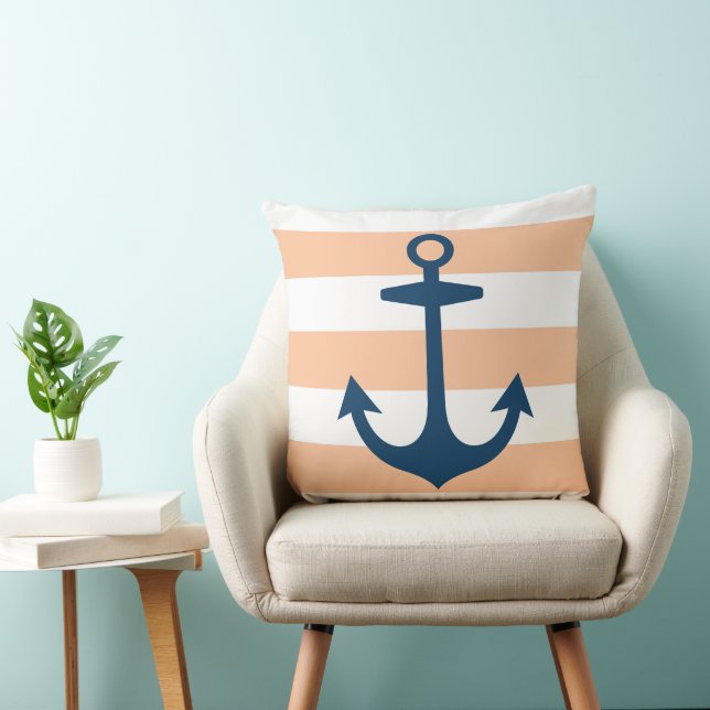 Nautical Navy Blue Anchor with Peach Stripes Throw Pillow (Chair)