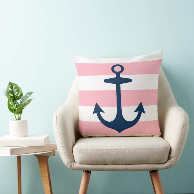 Nautical Navy Blue Anchor with Pink Stripes Throw Pillow (Chair)
