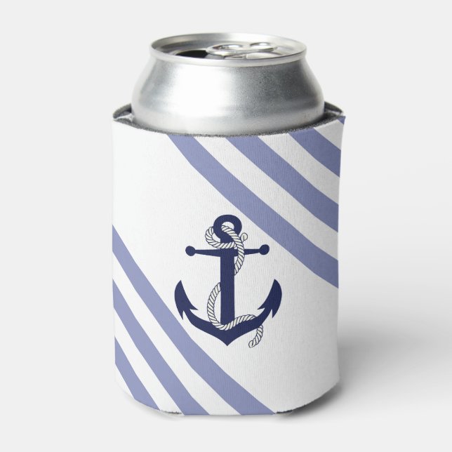 Nautical navy blue anchor with rope/blue stripe can cooler (Can Front)