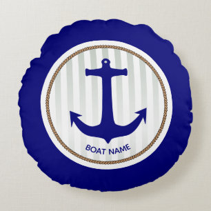 Nautical Navy Blue Anchor with Stripes Round Pillow