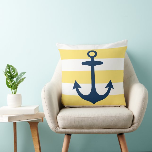 Nautical Navy Blue Anchor with Yellow Stripes Throw Pillow (Chair)