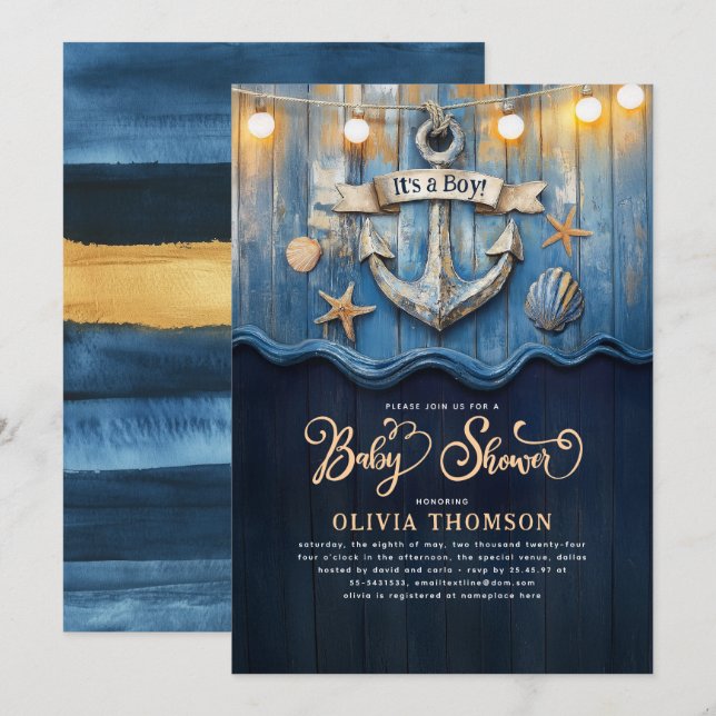 Nautical Navy Blue and Gold Anchor Baby Shower Invitation (Front/Back)