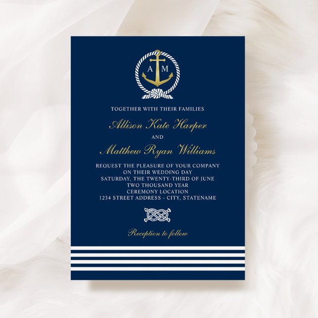 Nautical Navy Blue and Gold Anchor Wedding Invitation (Creator Uploaded)