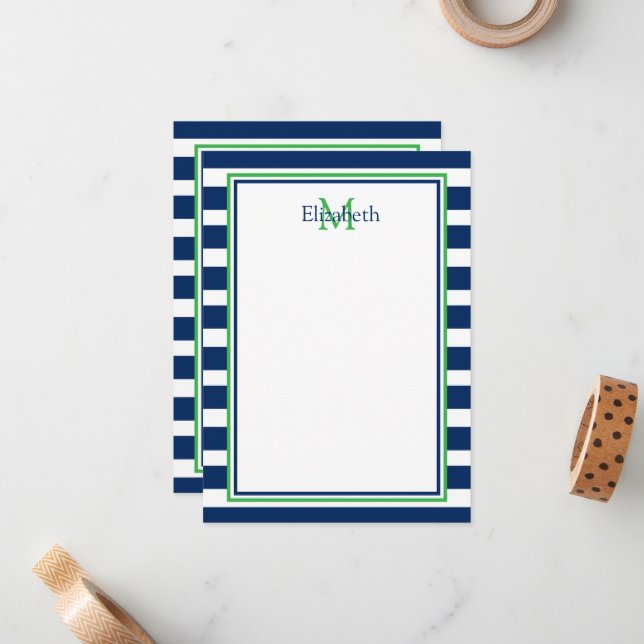 Nautical Navy Blue and Green Stripe Monogram Card (Front/Back In Situ)