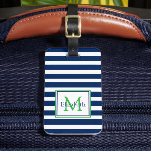 Nautical Navy Blue and Green Stripe Monogram Luggage Tag