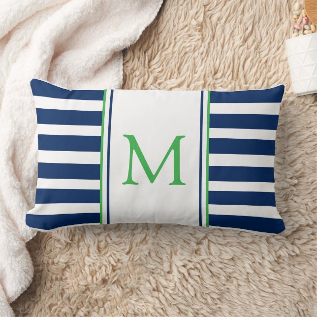 Nautical Navy Blue and Green Stripe Monogram Lumbar Pillow (Blanket)