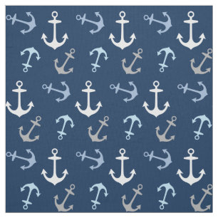 Nautical Navy Blue and Grey Anchors Pattern Fabric