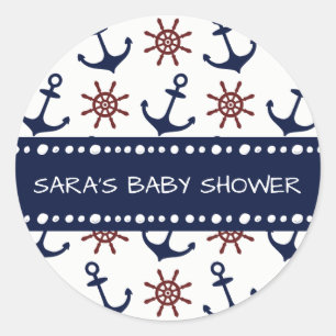 Nautical Navy Blue and red Anchor rudder pattern Classic Round Sticker