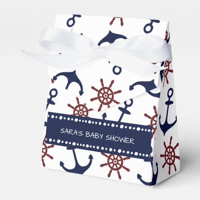 Nautical Navy Blue and red Anchor rudder pattern Favor Box (Front Side)