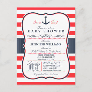 Nautical Navy Blue and Red Baby Shower Invitation Postcard
