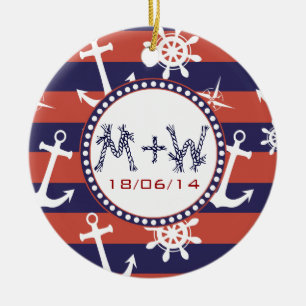 Nautical navy blue and red stripes save the date ceramic ornament