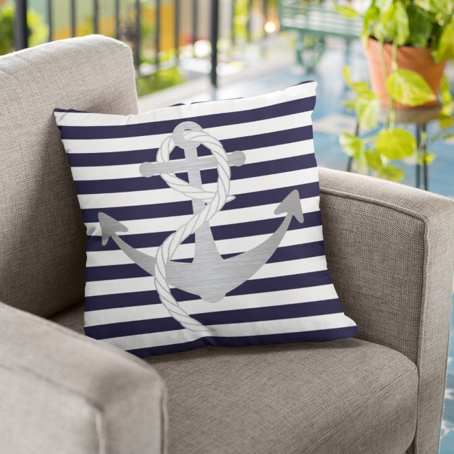 Nautical Navy Blue and Silver Anchor Sailing Throw Pillow (Creator Uploaded)