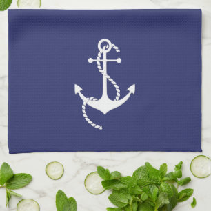 Nautical navy blue and white anchor rope kitchen towel
