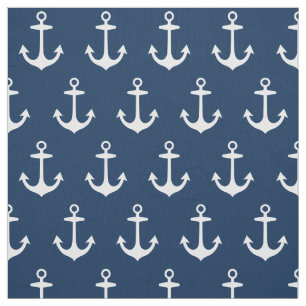 Nautical Navy Blue and White Anchors Pattern Fabric