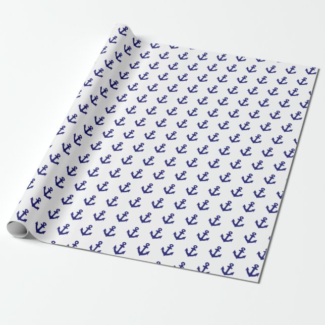Nautical navy blue and white anchors pattern wrapping paper (Unrolled)
