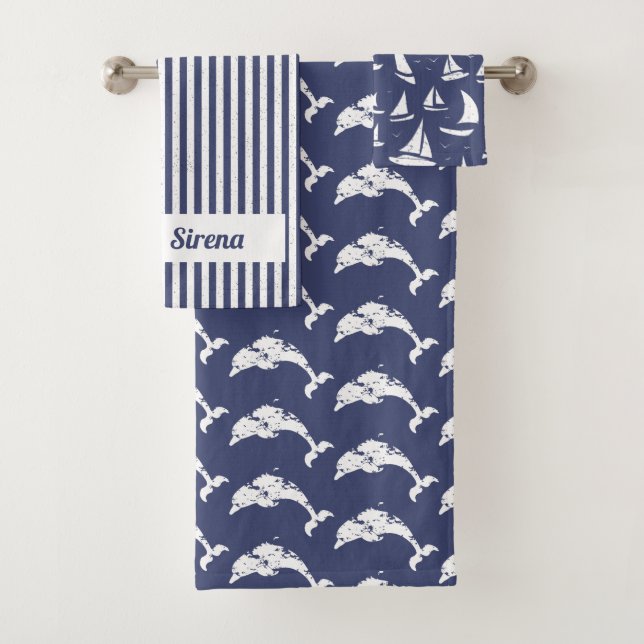 Nautical Navy Blue and White Dolphin and Sailboat Bath Towel Set (Insitu)